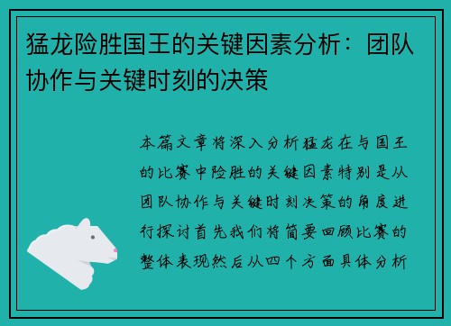 猛龙险胜国王的关键因素分析：团队协作与关键时刻的决策